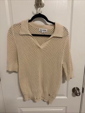 DKNY Open-Knit Collared V-Neck Sweater in Cream
